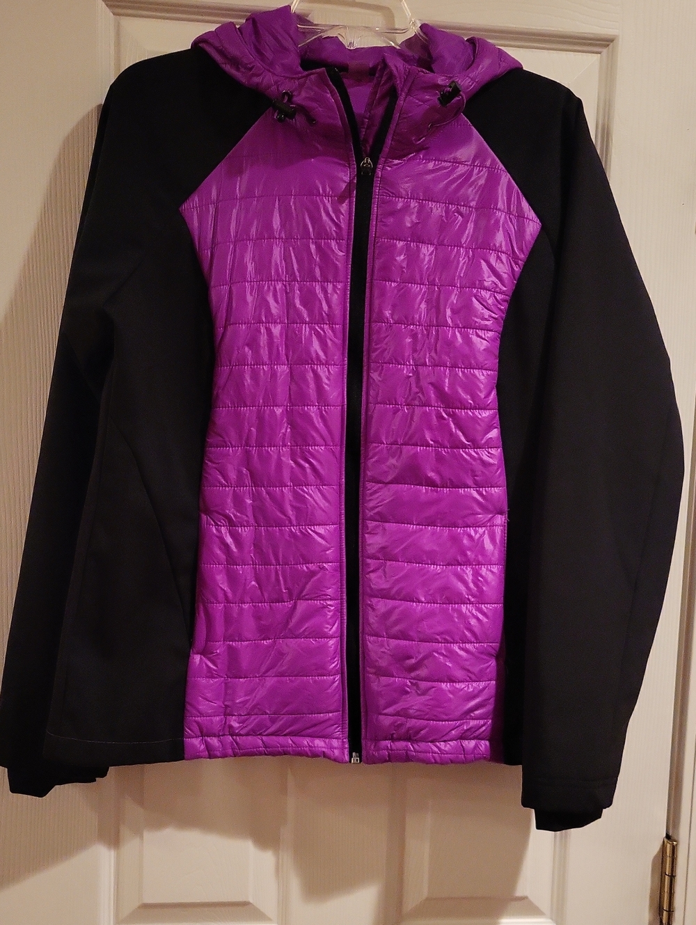 Xersion Women's Puffer Jacket Size XL Purple Black Quilted Full Zip Hooded